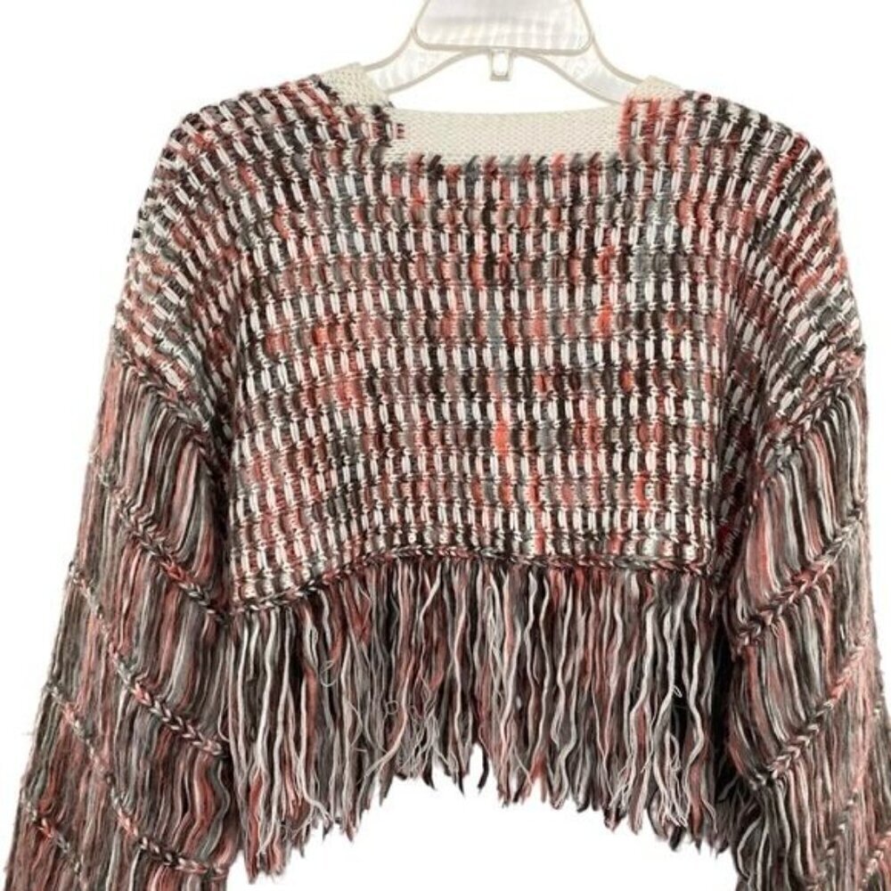 Ivory Rose Cropped Knit Fringe Sweater Boho V Neck - Picture 9 of 14